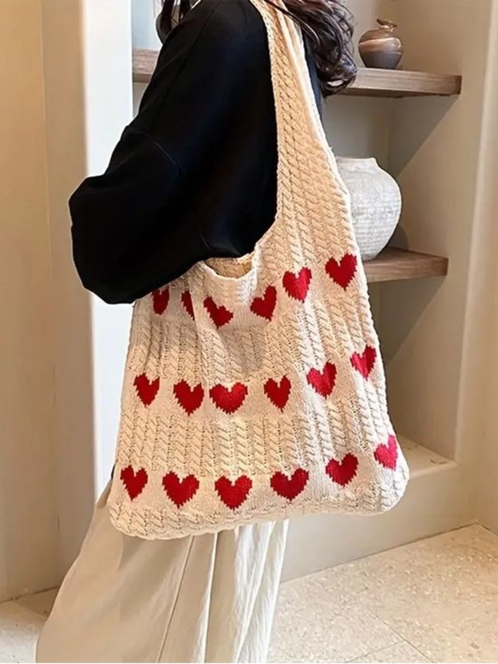 Cream Knit Crochet Tote Bag with Red Heart Pattern